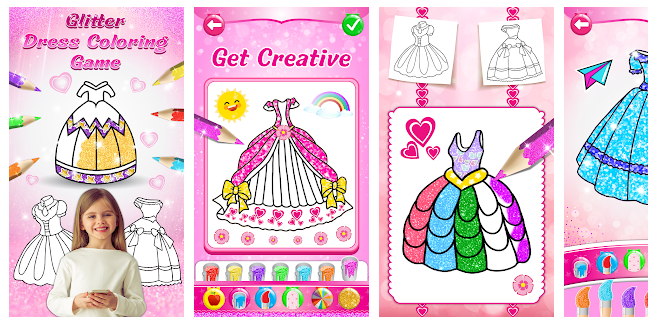 Kolorowanka sukienki z brokatem aplikacja dla dzieci