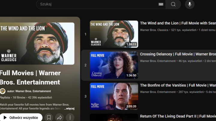 Filmy Warner Bros za darmo na Youtube
